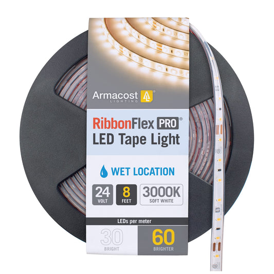Armacost Lighting RibbonFlex Pro Soft White (3000K), 60LEDs/M, 2.5M, 24V Outdoor Tape Light, 8.2 ft (145410)