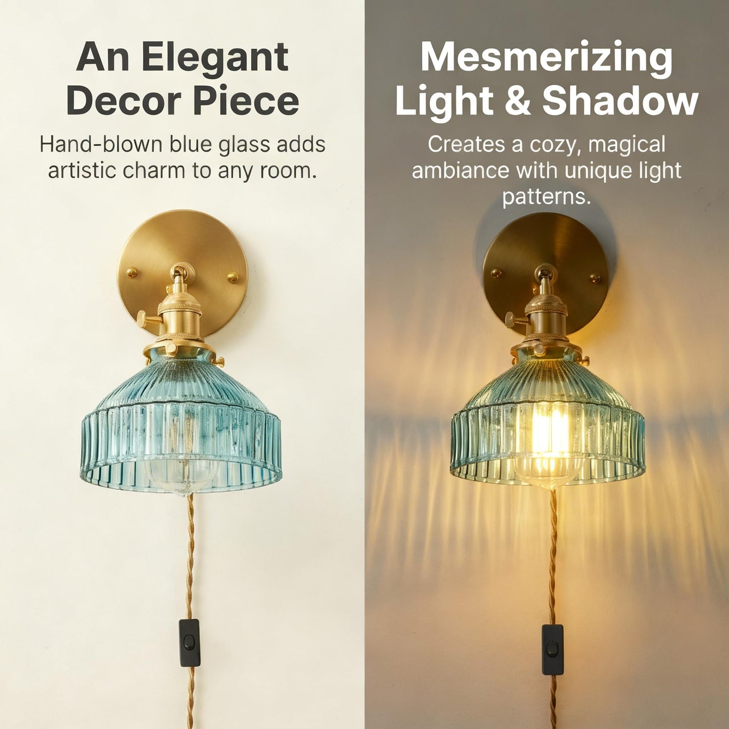 YJQHXY Plug in Modern Minimalist Handcrafted Glass Wall Sconce with Adjustable Brass Socket Adjustable Wall Lamp with Cable 180 Degree Up and Down