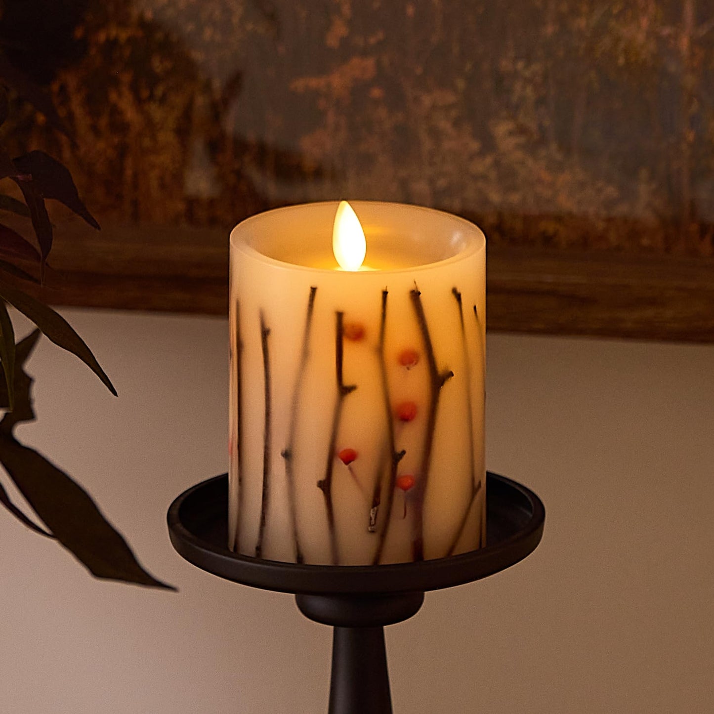 Luminara Embedded Flameless LED Candle Orange Berries & Twigs Pillar 3.2" x 4.5" - Moving Flame Pillar, Battery Operated Timer, Real Wax, Unscented