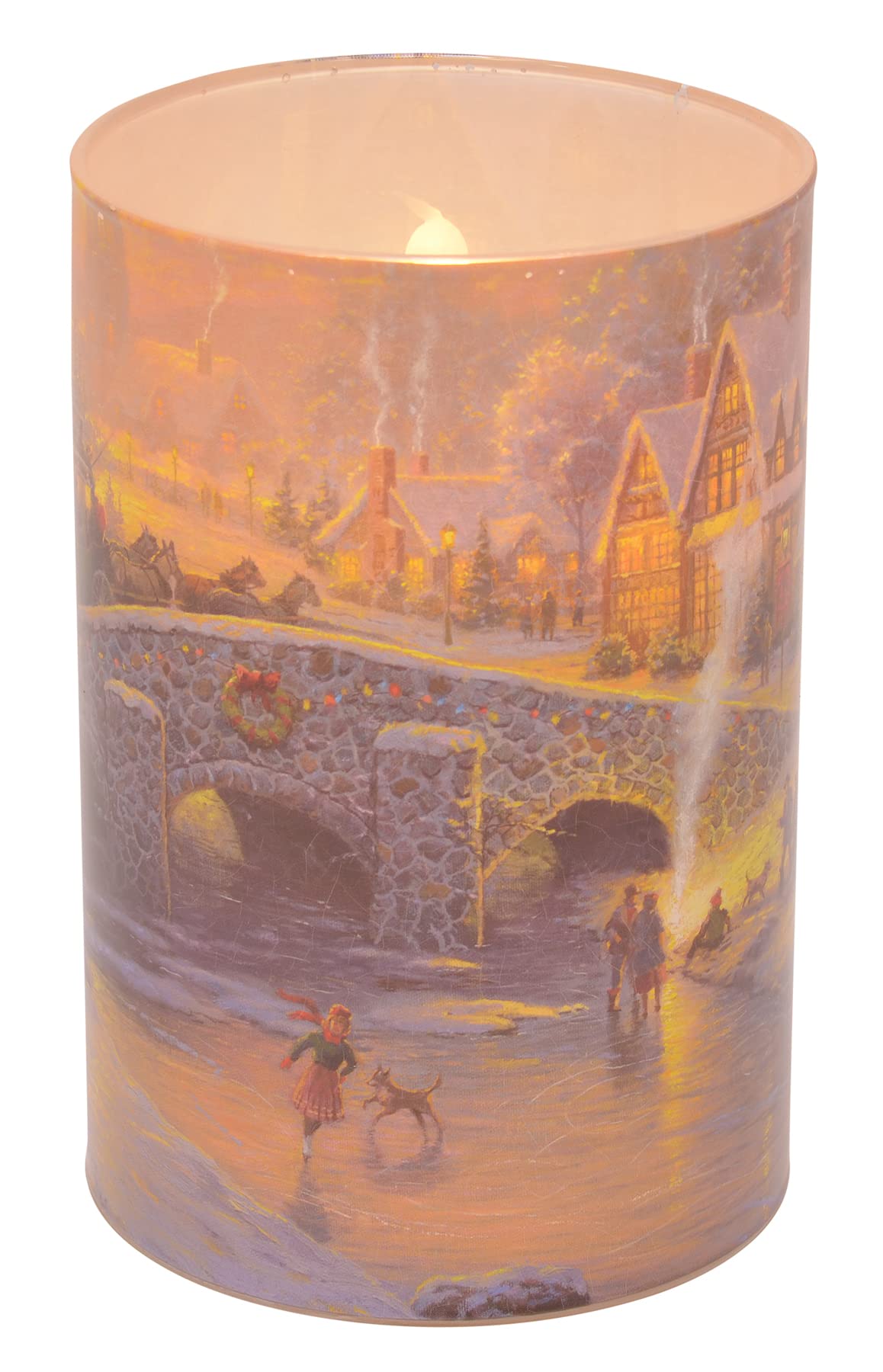 Mark Feldstein & Associates Thomas Kinkade Spirit of Christmas Flameless LED Glass Pillar Candle, 4 x 6 Inch