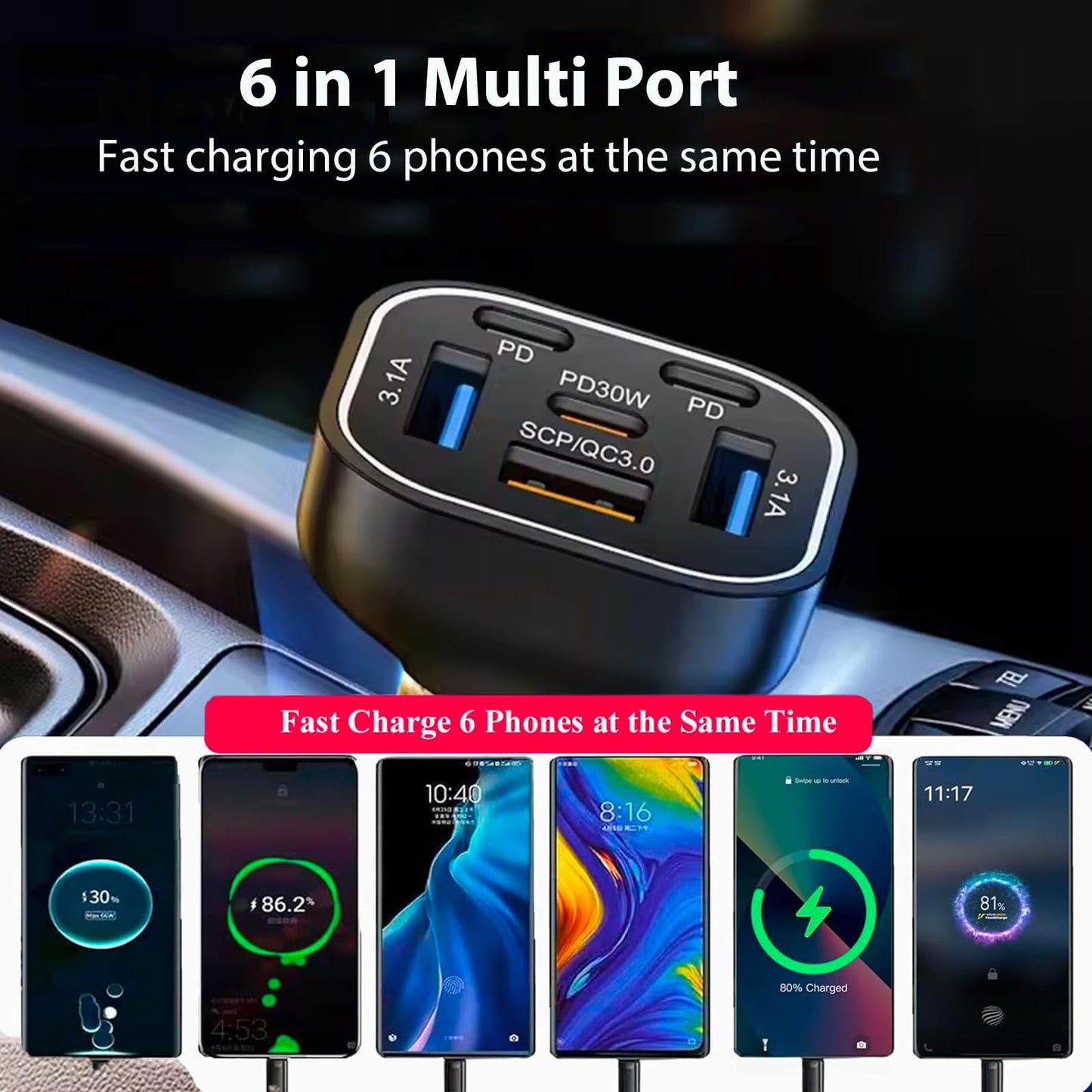 6 in 1 Multi Port USB C Car Charger Adapter PD 30W 6 Ports Super Fast Charging Cigarette Lighter Adapter 2 USB-C for MacBook iPhone 16/15/14/13/12