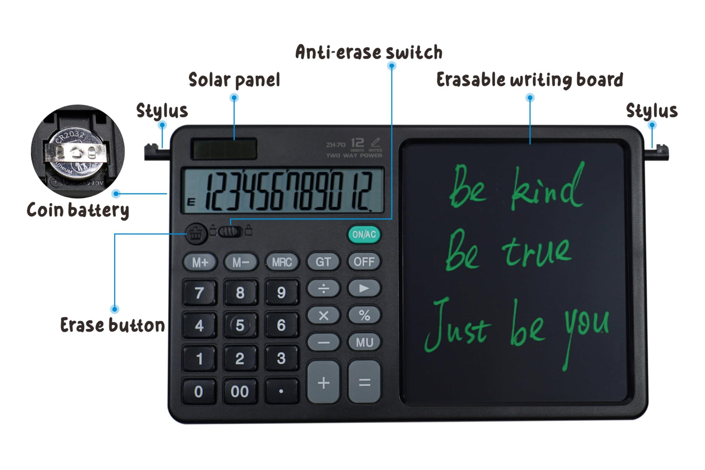 Desk Calculator Large Display with 7'' Erasable Writing Pad, 12 Digits Large Screen Display Jumbo Calculadora, Solar & Battery Powered Big Button
