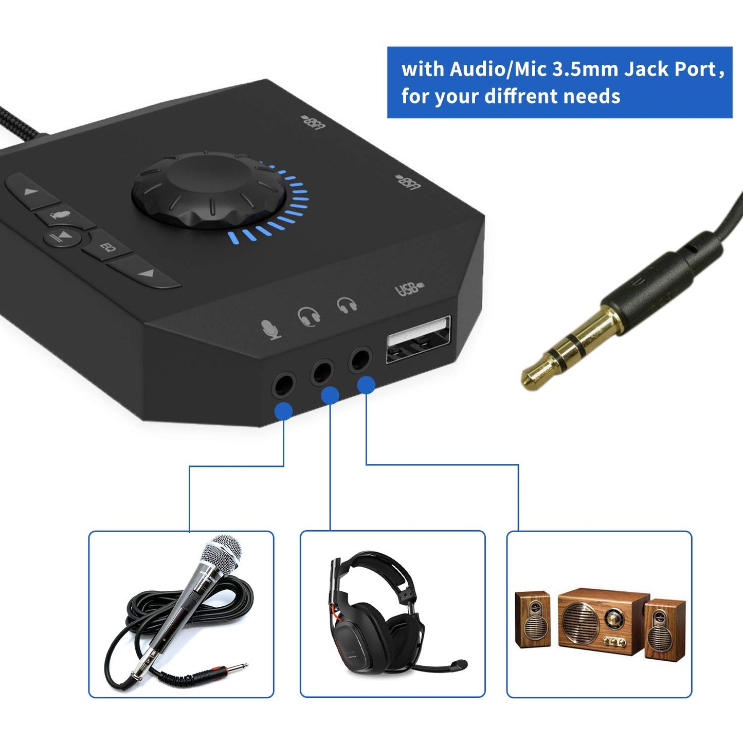 Tendak USB Hub with Audio Adapter, External Sound Card with 3.5mm Headphone Microphone Jack and Volume Control 3 Port USB Hub for Laptop PC HDD Disk