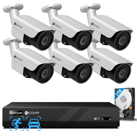 4COVR PoE Security Camera System, AI Human/Vehicle Detection, 8 Channel 8MP PoE NVR 2TB HDD, 6Pcs 8MP Wired Commercial Bullet IP Camera IP67 Night
