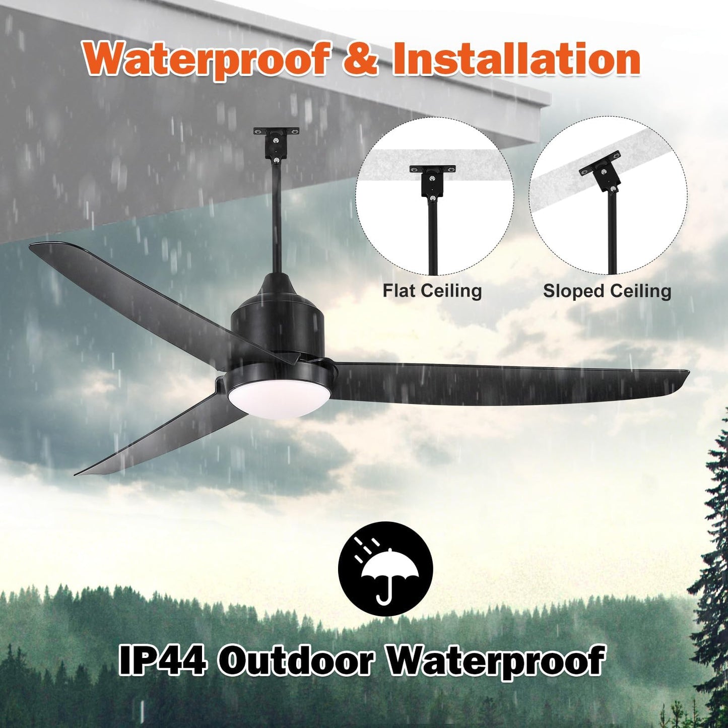 BZX Waterproof Outdoor Ceiling-Fan with Light - 52" Modern Ceiling Fans with 3 Colors LED Light, App & Remote Control, Quiet DC Motor, for Patios