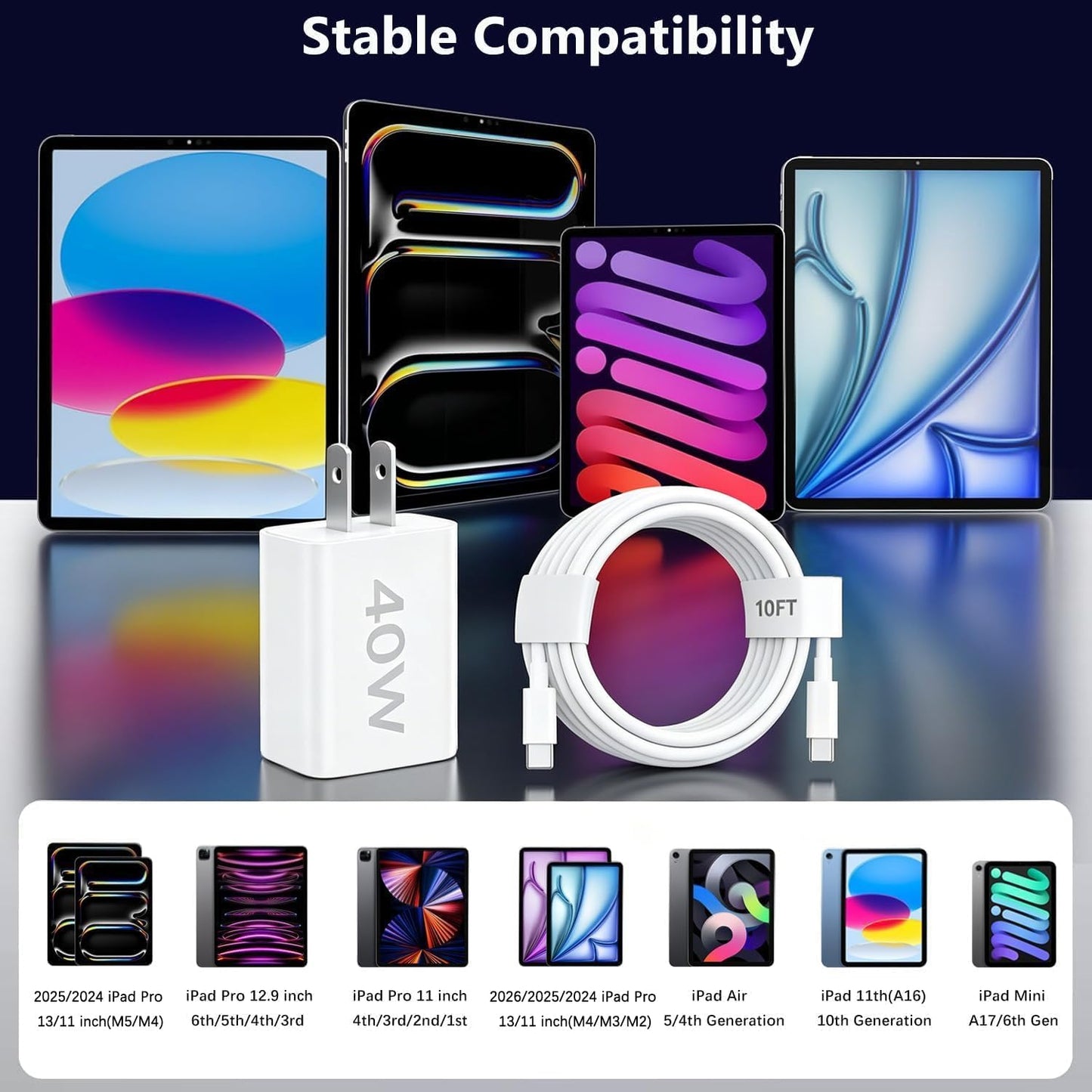 iPad Charger Fast Charging,[Apple MFi Certified]40W Fast USB C Charger Block 10FT USB C to C Cable Cord for iPad Pro 13/12.9/11 inch,iPad A16