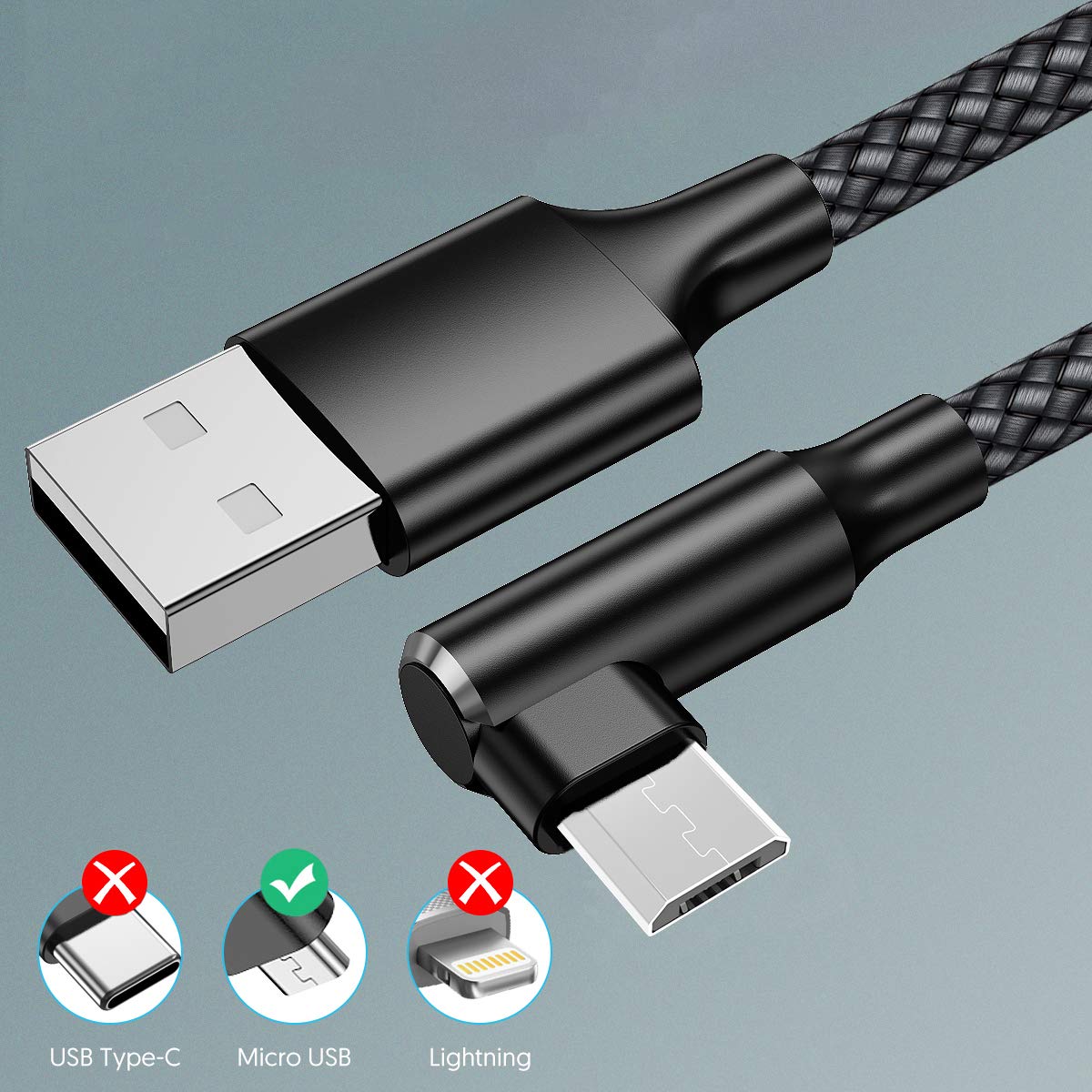 EWUONU Micro USB 90 Degree Cable [2 Pack 10FT] for Fire 7 HD8, Samsung Tablets, Galaxy S7 S6 Edge J8 J7, Xbox One, PS4 Controllers, Camera and More