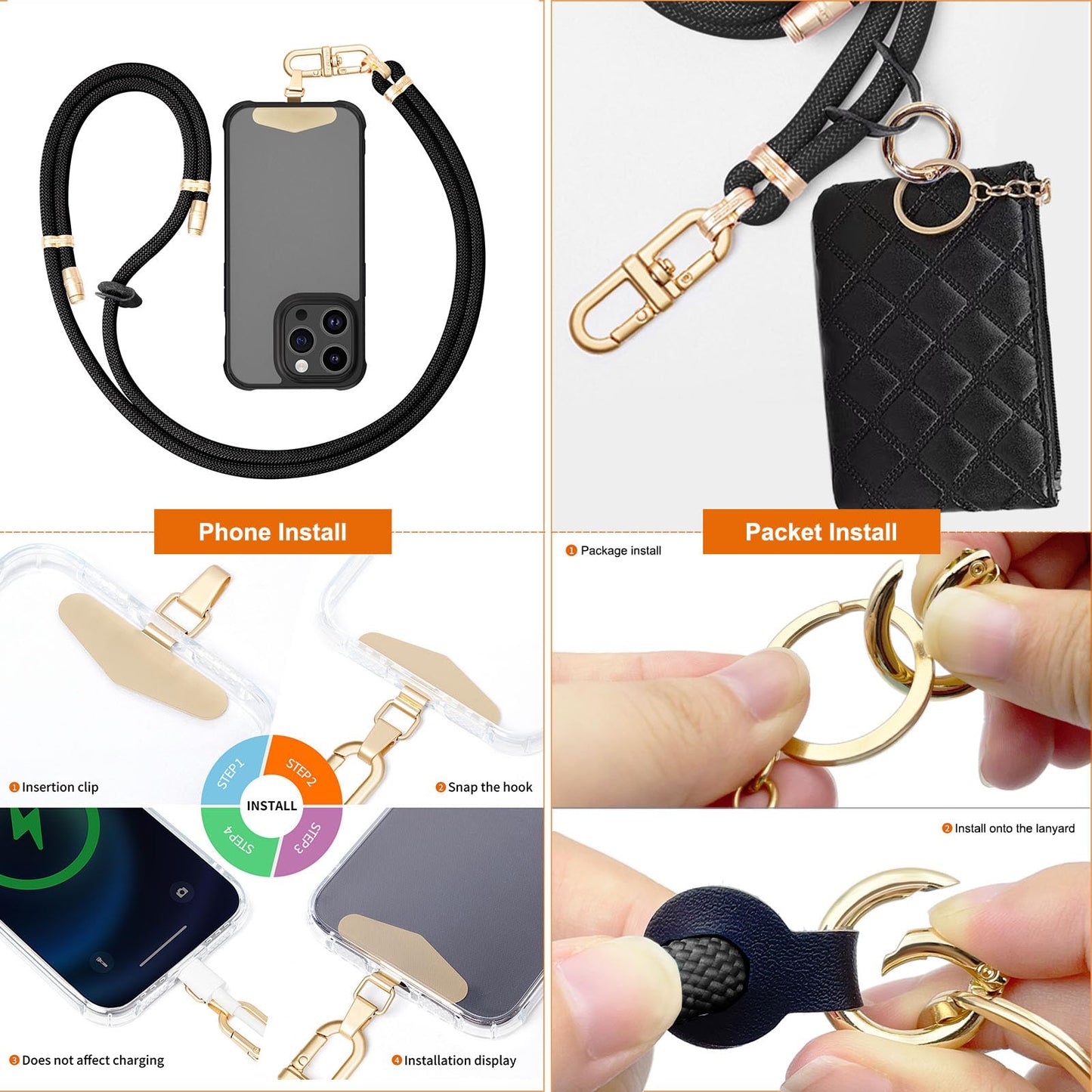Phone Lanyard Crossbody with Leather Zipper wallet,2 Phone Tabs,360 ° rotation Premium Metal Buckles Anti theft Adjustable Lanyard,for All