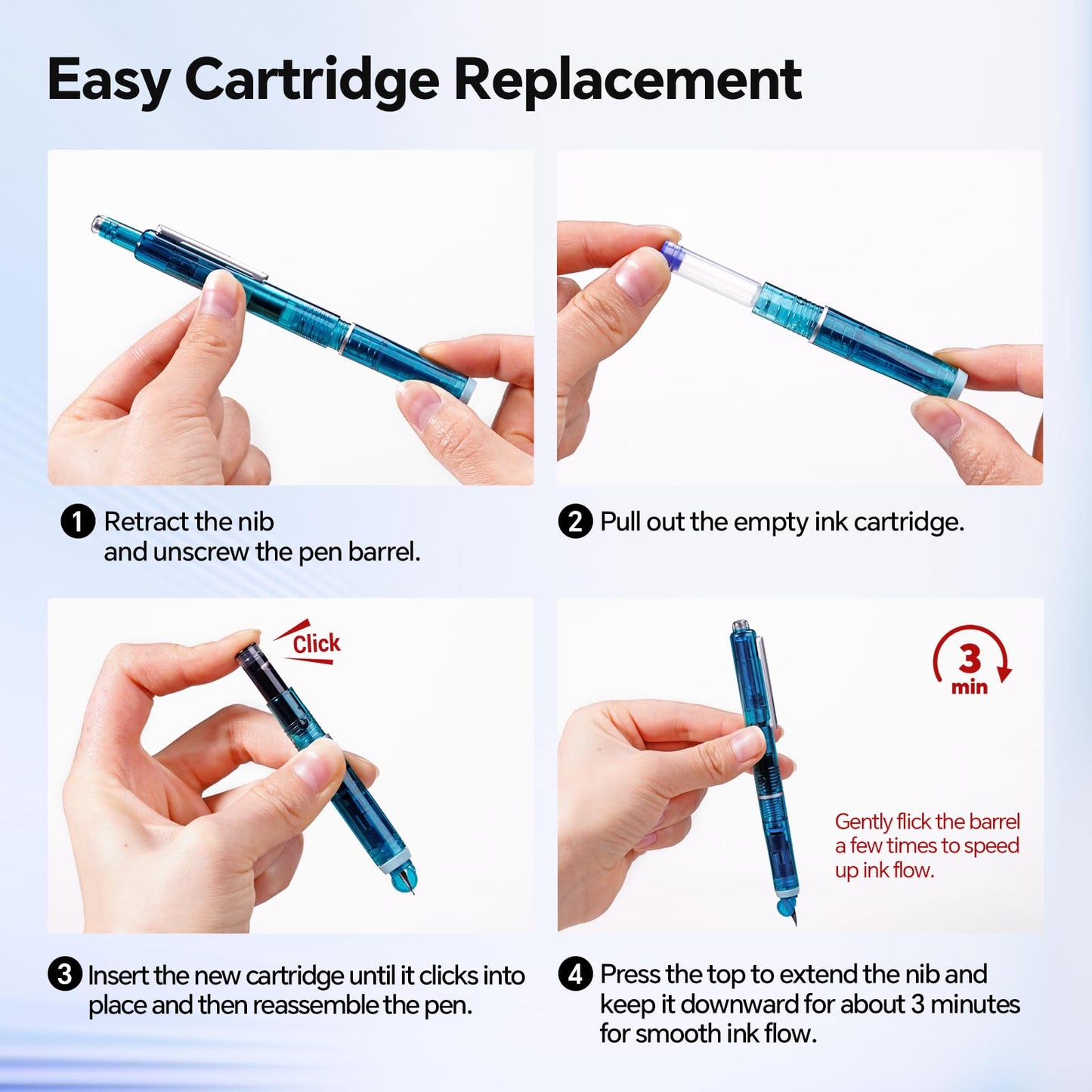 WRITECH Clictek Fountain Pen Set: Retractable Style Blue Ink Medium Nib Transparent Barrel, Includes 5 Ink Cartridges for Gift Set, Smooth Writing No