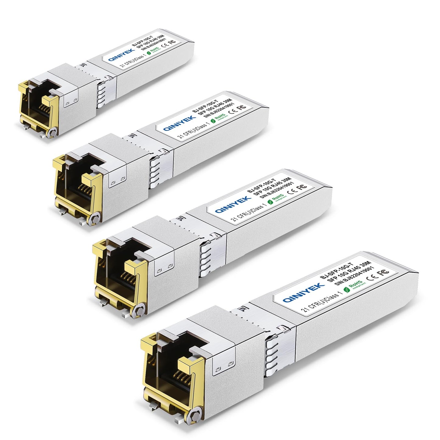 QINIYEK 4-Pack 10G SFP+ to RJ45 Module | 10Gbase-T Transceiver Compatible with Cisco, Ubiquiti, TP-Link, Meraki, Netgear and Open switches | CAT6a/7