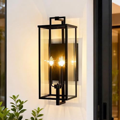 Edvivi Outdoor Wall Light Fixture, 27 in. H Large Exterior Lighting Fixtures with Clear Glass, 3-Light Matte Black Porch Lights Outdoor Wall Sconces