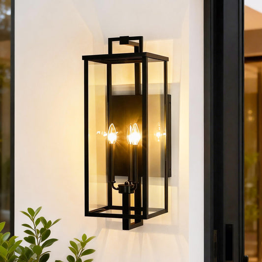 Edvivi Outdoor Wall Light Fixture, 27 in. H Large Exterior Lighting Fixtures with Clear Glass, 3-Light Matte Black Porch Lights Outdoor Wall Sconces