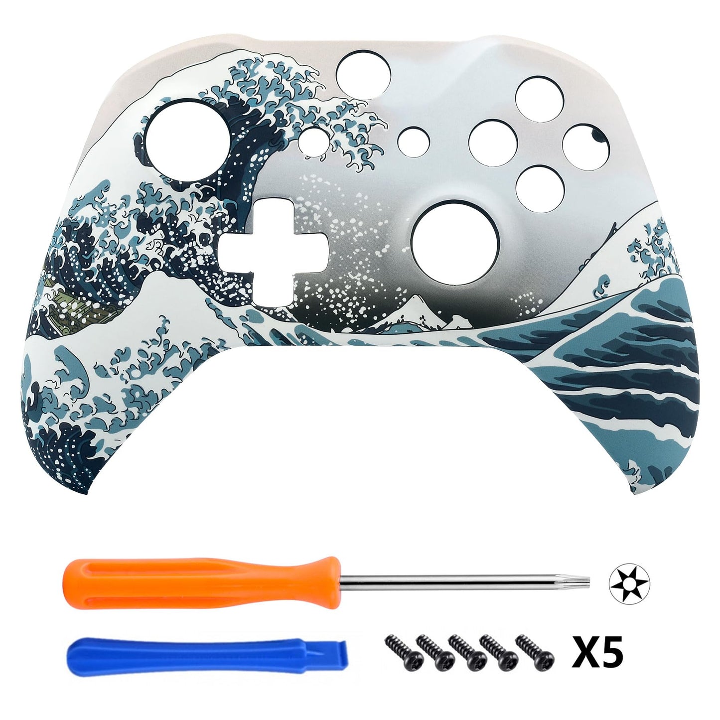 eXtremeRate The Great Wave Patterned Faceplate Front Housing Shell with Soft Touch Grip for Xbox One X S Controller Model 1708 - Controller NOT