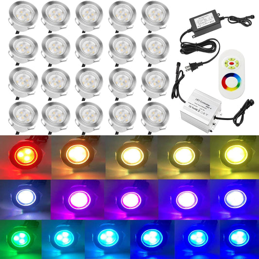 QACA 20pcs Low Voltage LED Deck Lights Kits Multi-Color RGB Stainless Steel Waterproof Outdoor Recessed Wood Decoration Lamps Landscape Pathway Patio