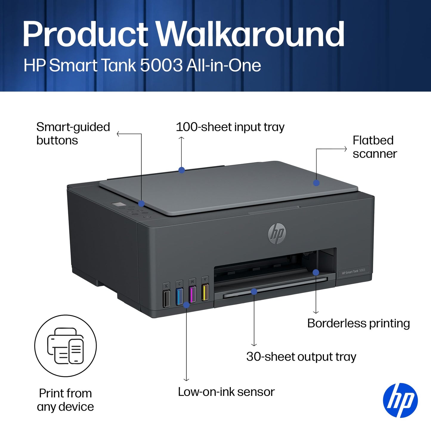 HP Smart Tank 5003 Wireless All-in-One Ink Tank Printer, Scanner, Copier with up to 3 Years of Ink Included, Best-for-Home, Cartridge-Free Refillable