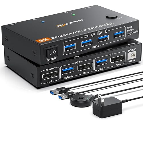 KCEVE KVM Switch 2 Computer 1 Monitor Displayport 4K@240Hz 8K@60Hz, USB 3.0 KVM Switch Displayport 2.1 for 2 PC Share 4 USB Devices Keyboard
