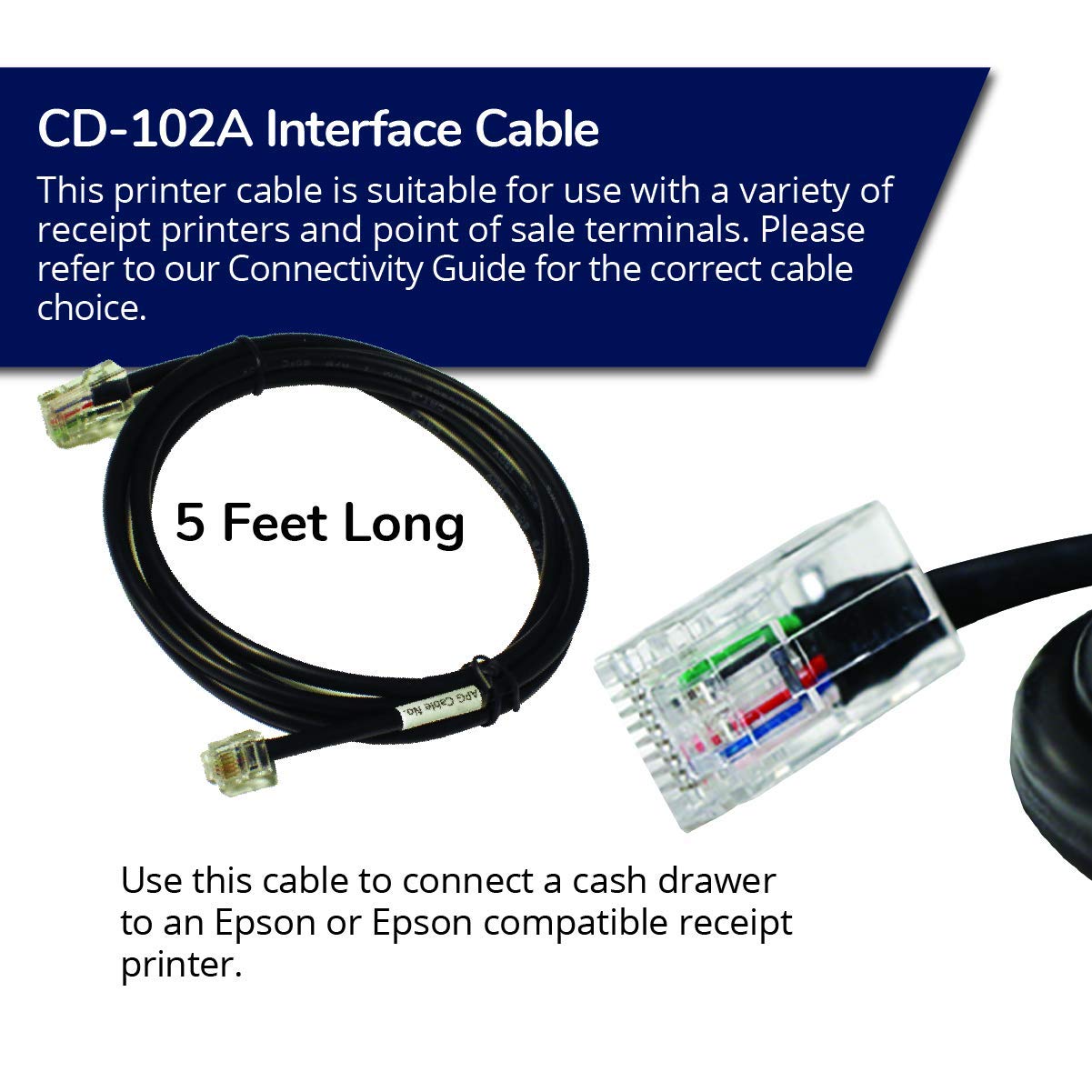 APG Printer Interface Cable | CD-102A | Cable for Cash Drawer to Printer Connection | 1 x RJ-12 Male - 1 x RJ-45 Male | Connects to EPSON and Star