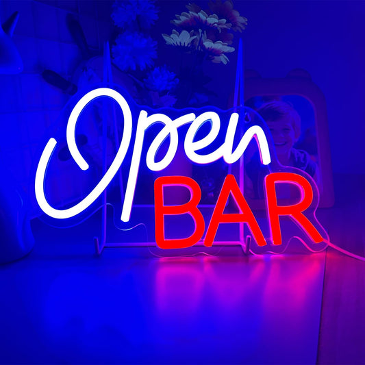 Open Bar Neon Sign for Home Bar Decor - Blue & Red Dual Color LED Neon Light, 13x8.3" Dimmable Bar Signs with USB Power & Metal Hanging Chain for Man