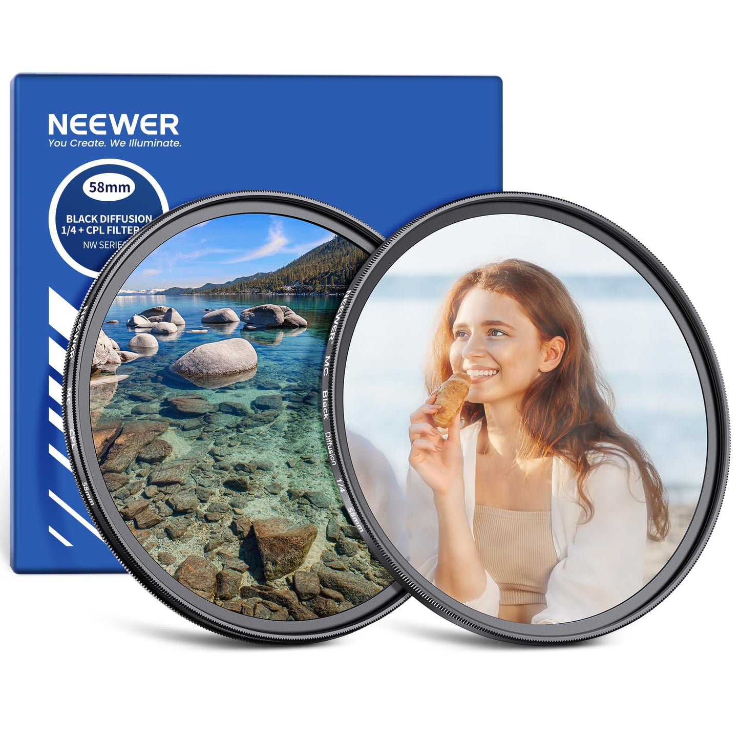 NEEWER 58mm CPL + Black Diffusion 1/4 Filter Set (2 Pack), Multicoated Optical Glass Circular Polarizing & Dreamy Soft Cinematic Effect Filter
