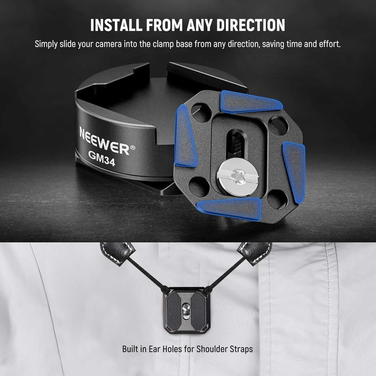 NEEWER GM34 Camera Quick Release Plate Kit, Quick Switch Auto Lock Square QR Mount Plate with Arca Type Clamp Base, Compatible with Arca Swiss Camera
