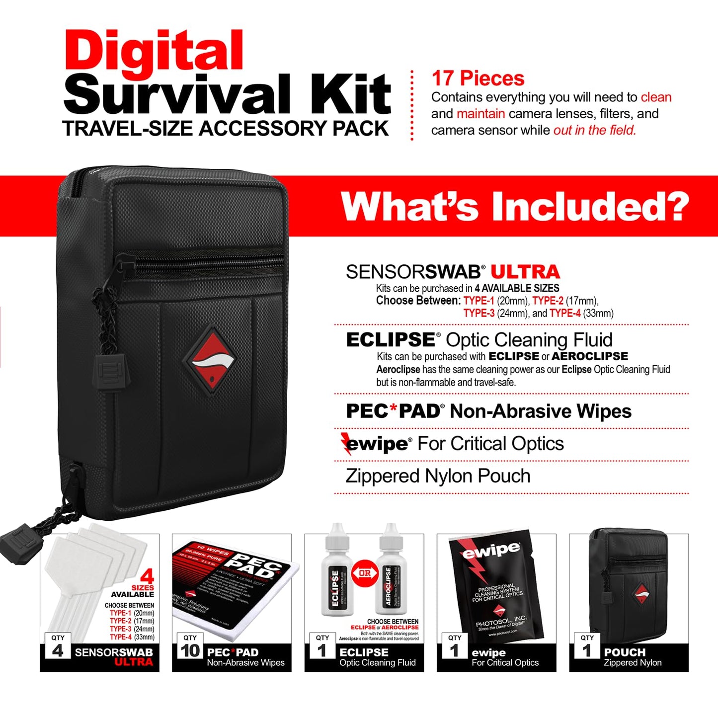 Photographic Solutions Digital Survival Kit - Type-2 (17mm) Sensor Swabs, PEC-PAD Photo Wipes, E-Wipe Packet, Eclipse Optic Cleaning Fluid - Camera
