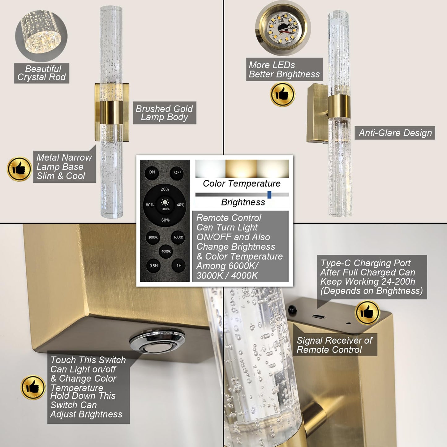 Cordless Rechargeable Crystal Wall Sconces Battery Operated Set of 2 | Brushed Gold Crystal Wall Lights Battery Sconces Wall Decor Picture Light