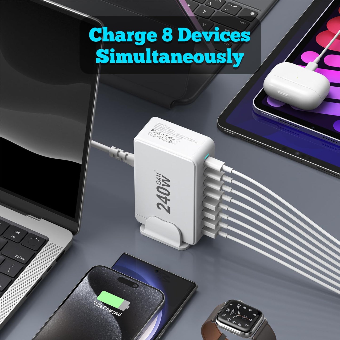 USB C Charger, 240W GaN 8 Port USB Fast Block, PD100W Multi-Port Charging Station, Power Adapter Plug for Samsung/iPhone/Google, Laptop Charger