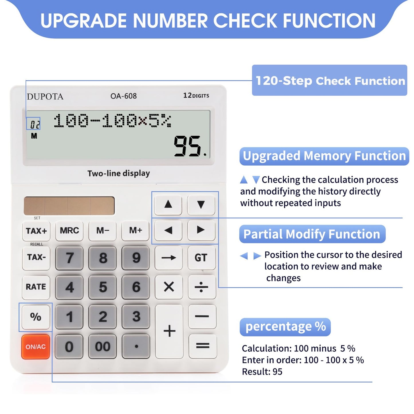 Desktop Calculator Large Display Big Buttons with 12 Digits 2-line LCD, Dual Solar Power and Battery, Calculator with Tax and Check Function