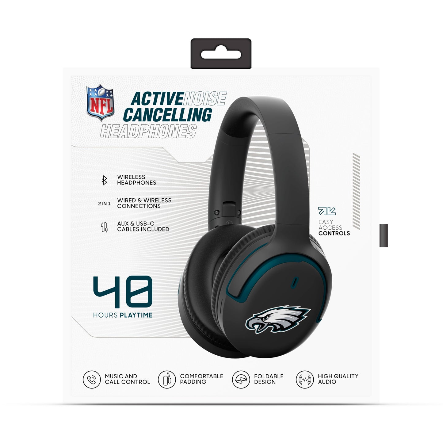 SOAR NFL Active Noise Cancelling Over The Ear Headphones, Philadelphia Eagles
