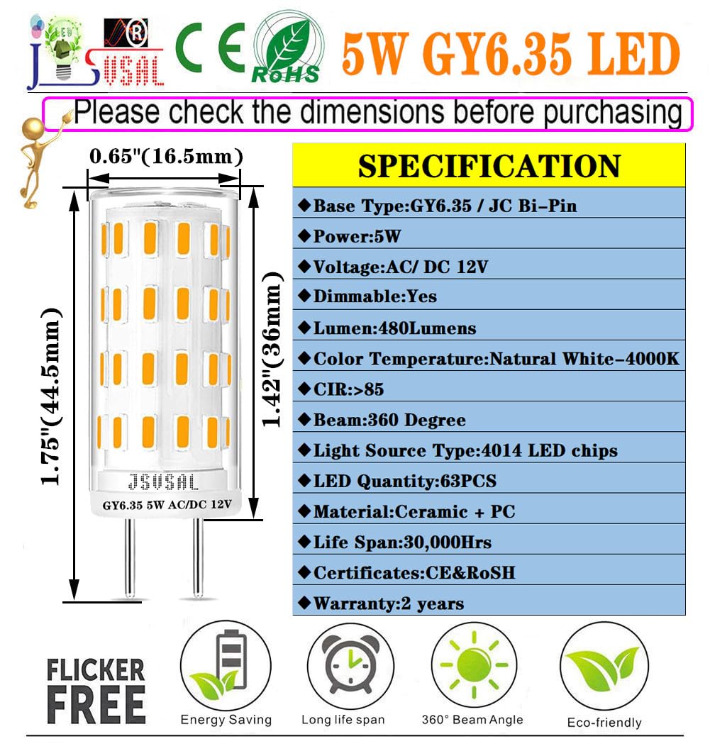 JSVSAL GY6.35 LED Bulb Dimmable,5W,12V Natural White 4000K,6-Pack