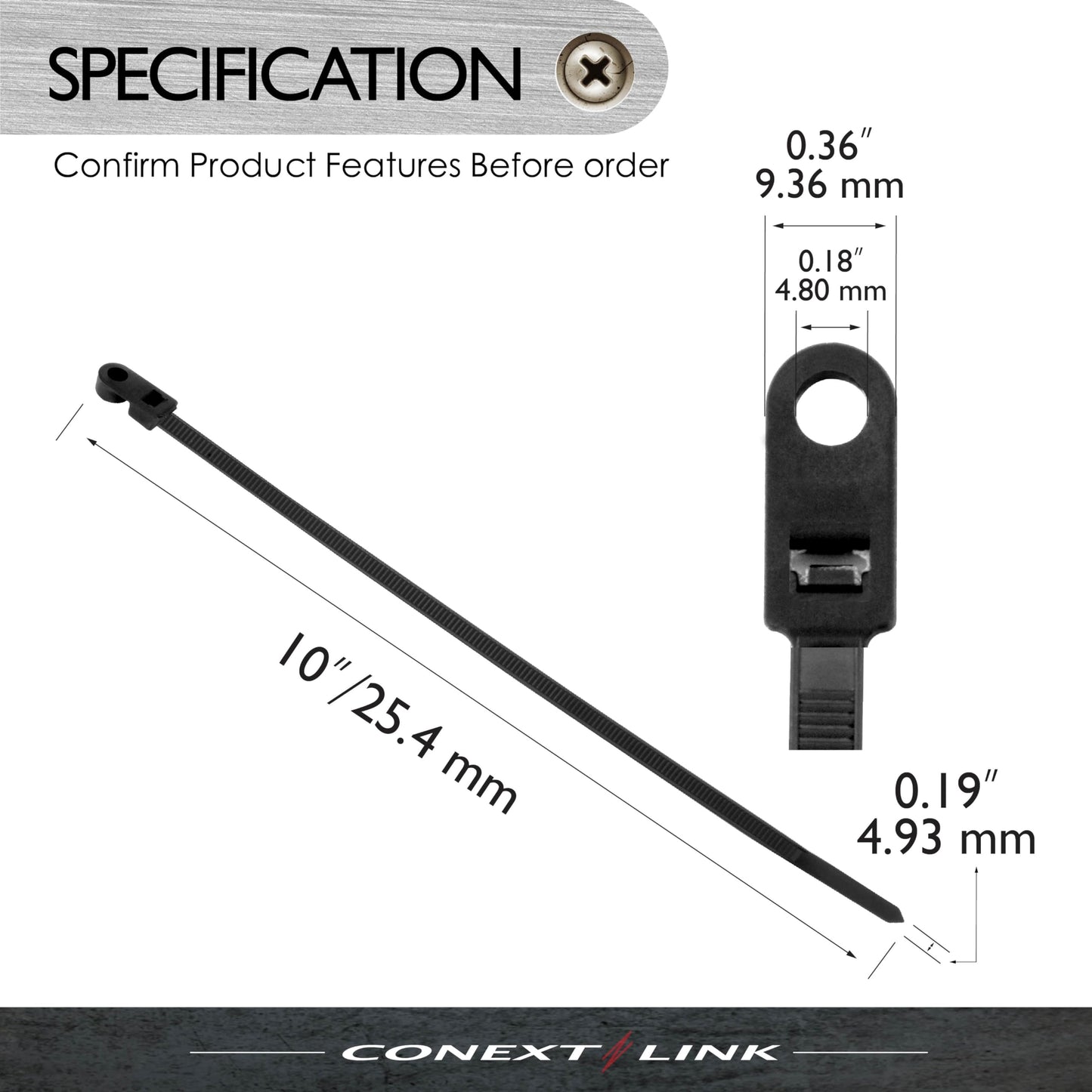 Conext Link 100 Nylon Cable Wire Zip Ties Mounting Hole Nail Screw 50 LBS 10" Inch Black ?19190?