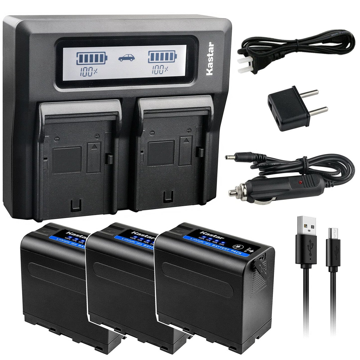 Kastar 3 Pack Battery and LCD Dual Fast Charger for Sony NP-F980 Pro NP-F970 LED Video Light CN-126 CN-160 CN-216 CN-304 VL600 YN300 and Other LED