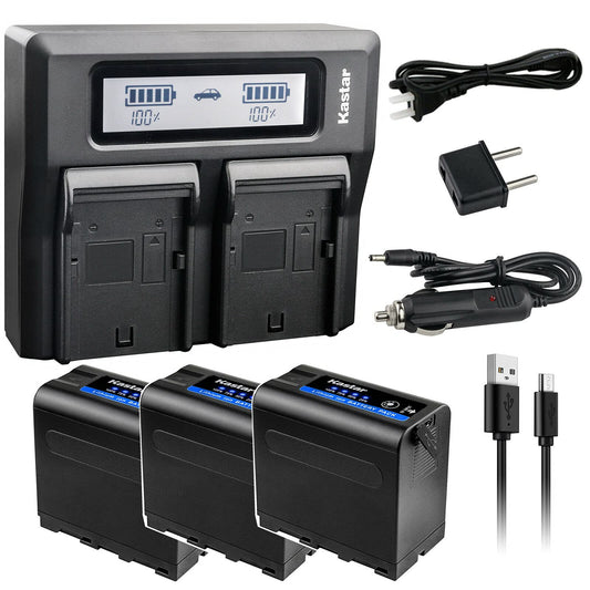 Kastar 3 Pack Battery and LCD Dual Fast Charger for Sony NP-F980 Pro NP-F970 LED Video Light CN-126 CN-160 CN-216 CN-304 VL600 YN300 and Other LED