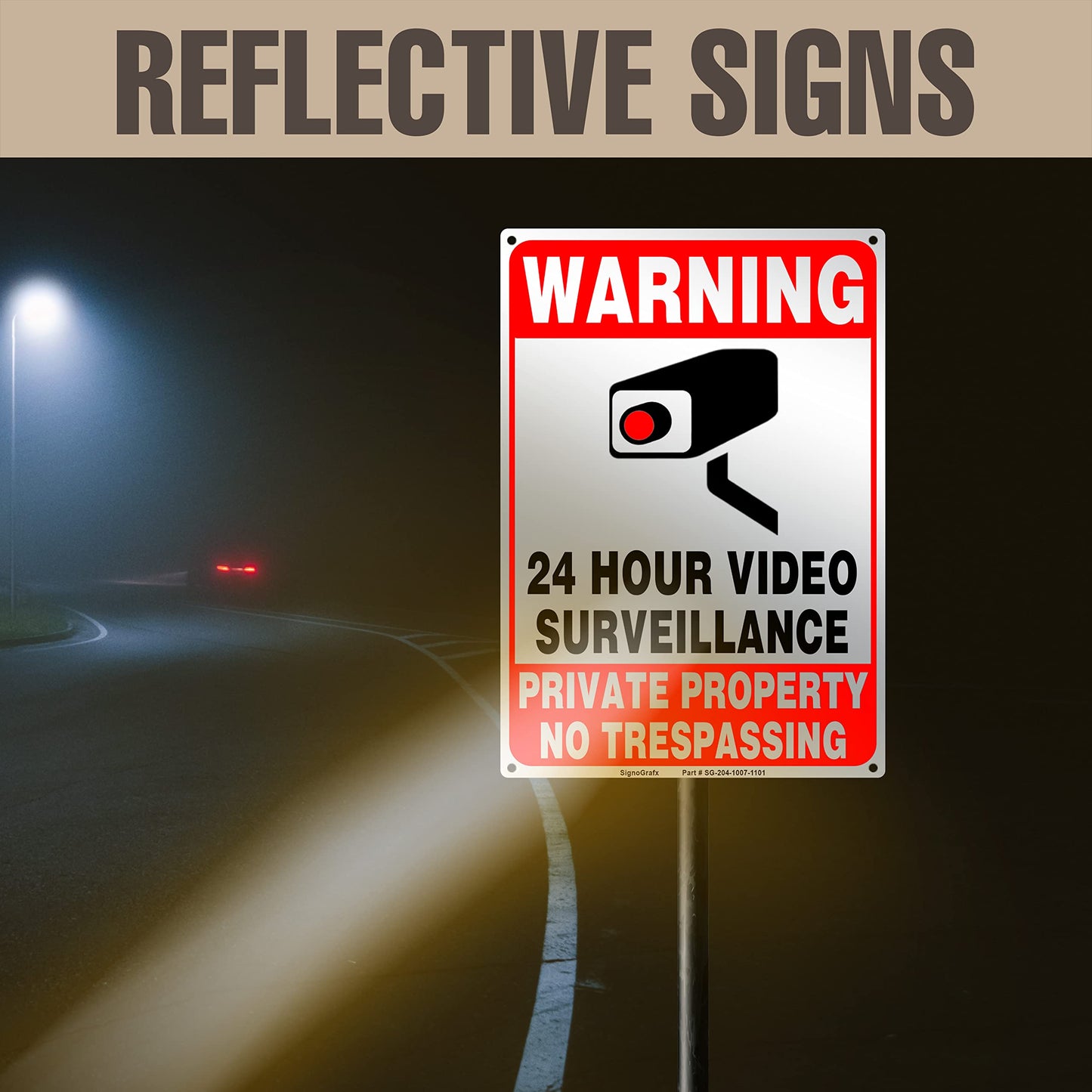 SIGNOGRAFX 24 Hours video surveillance sign, Private Property No Trespassing Signs,2-Pack, 10 x 7 Inches, Security camera for home, Business