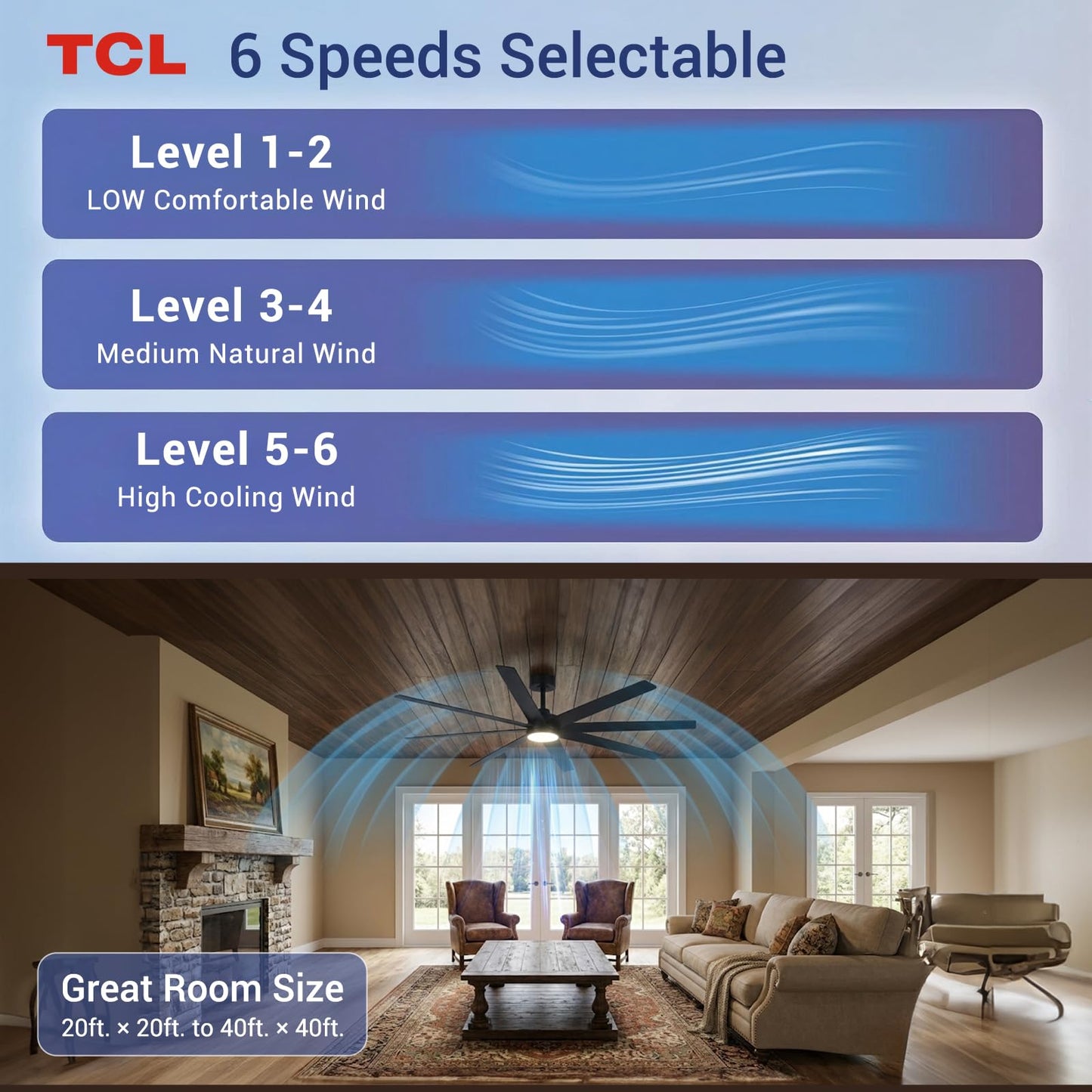 TCL 72 Inch Large Black Ceiling Fans with Lights and Remote
