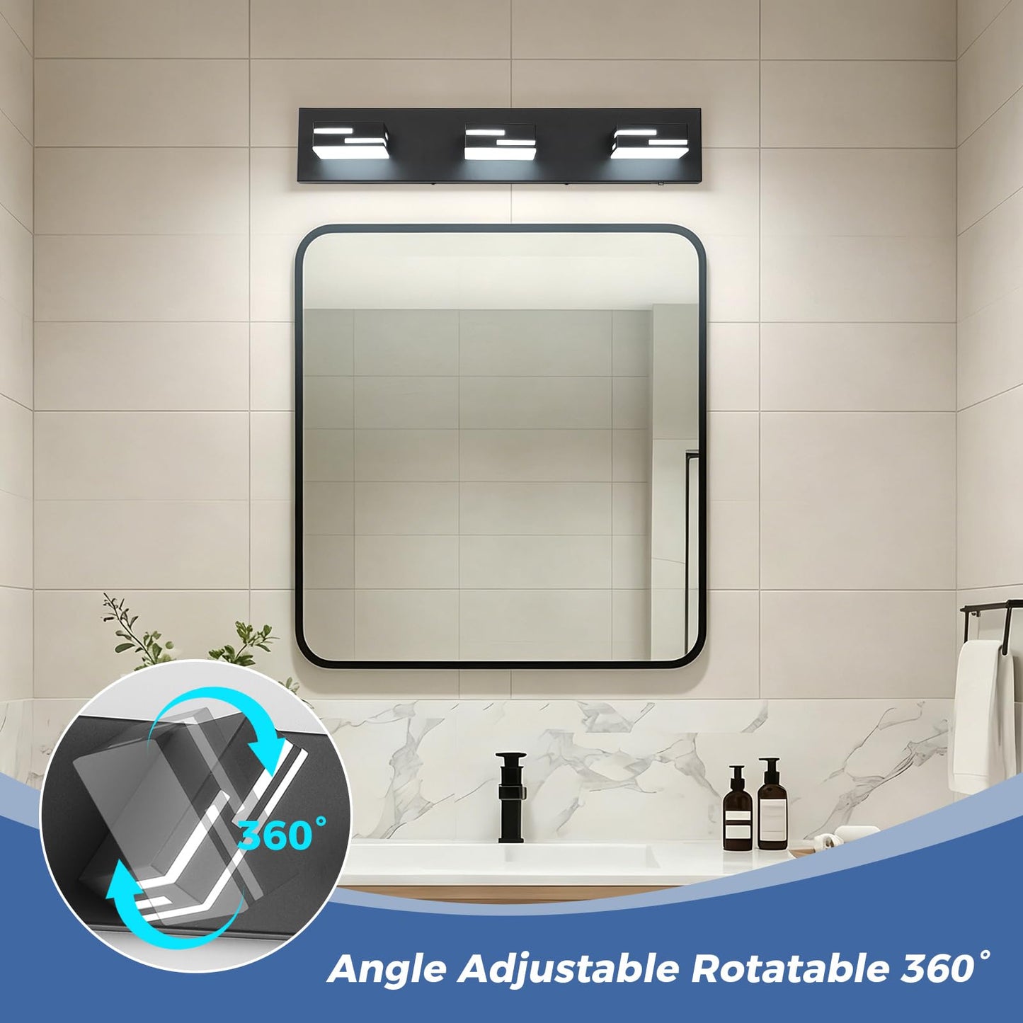 MKBNG 3-Light Modern Bathroom Vanity Light Fixtures, 24-Inch 350° Rotatable LED Vanity Lights Over Mirror, Matte Black Metal Wall Sconce with Acrylic