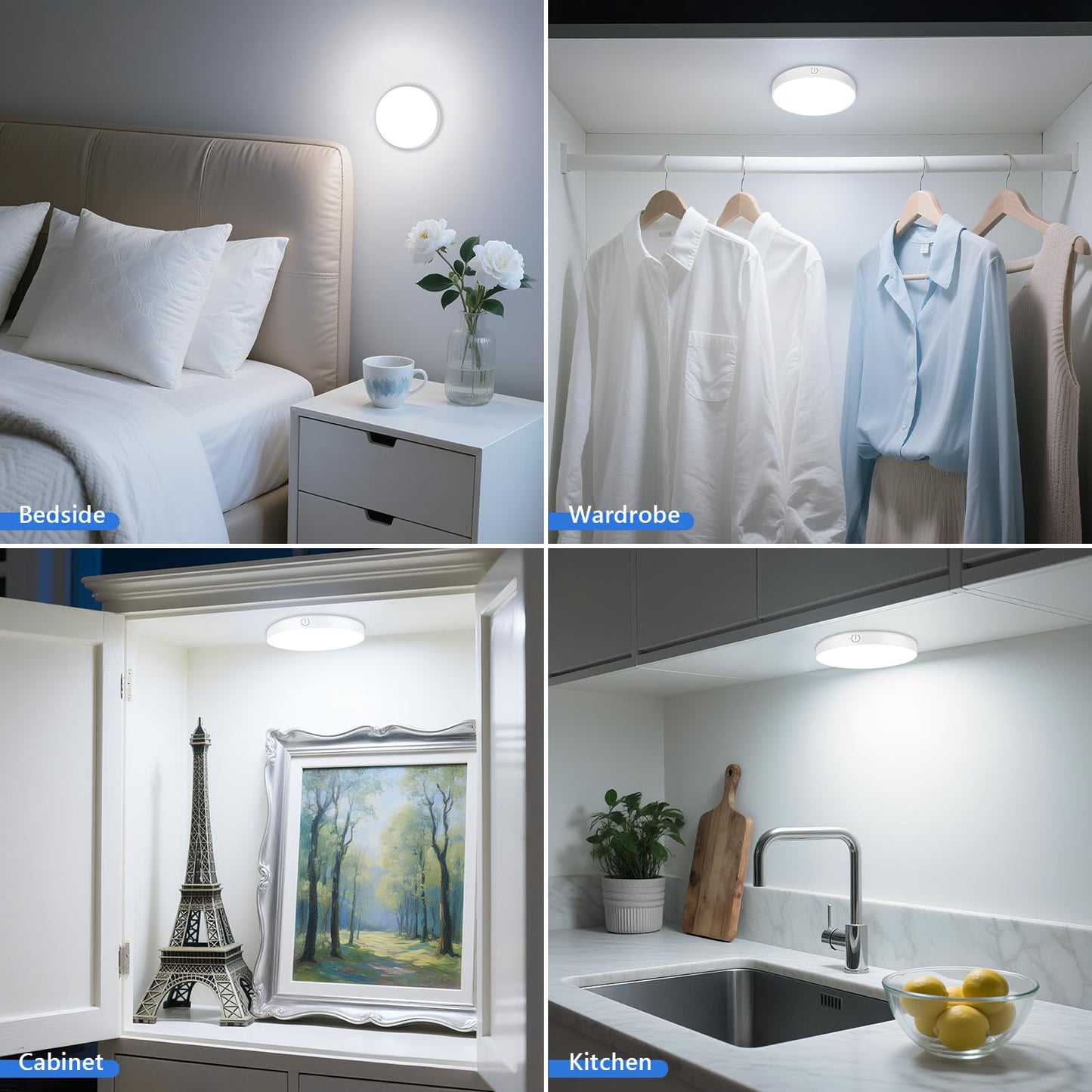 Ferswe Rechargeable Tap Lights, Dimmable Touch Night Lights with 1000mAh Large Battery, Stick on Light for Closet, Bedroom, Bathroom and Cabinet (2