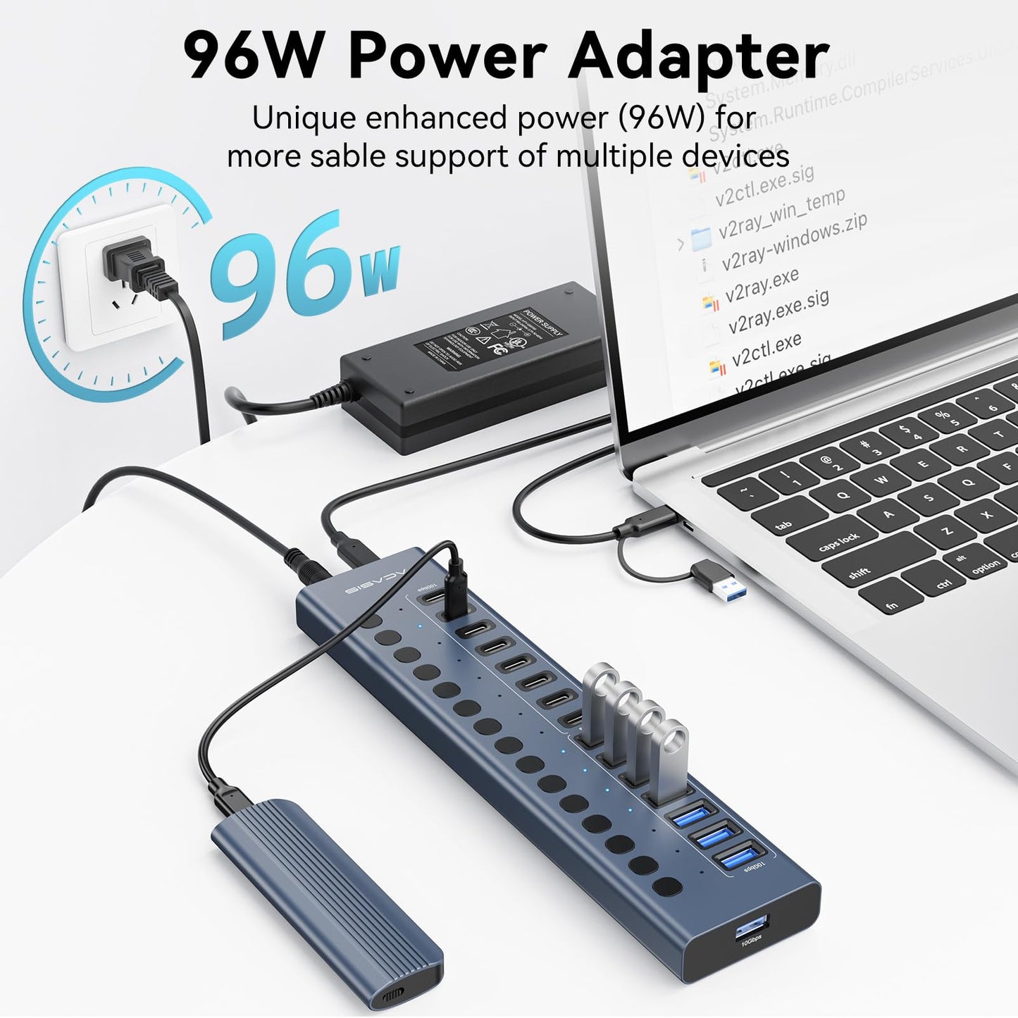 Powered USB 3.2 Hub, ACASIS 16 Ports USB 3.2 Hub(8 USB-A 3.2 Ports+8 USB-C 3.2 Ports), Aluminum USB Hub Powered with 96W Power Adapter, USB Hub for