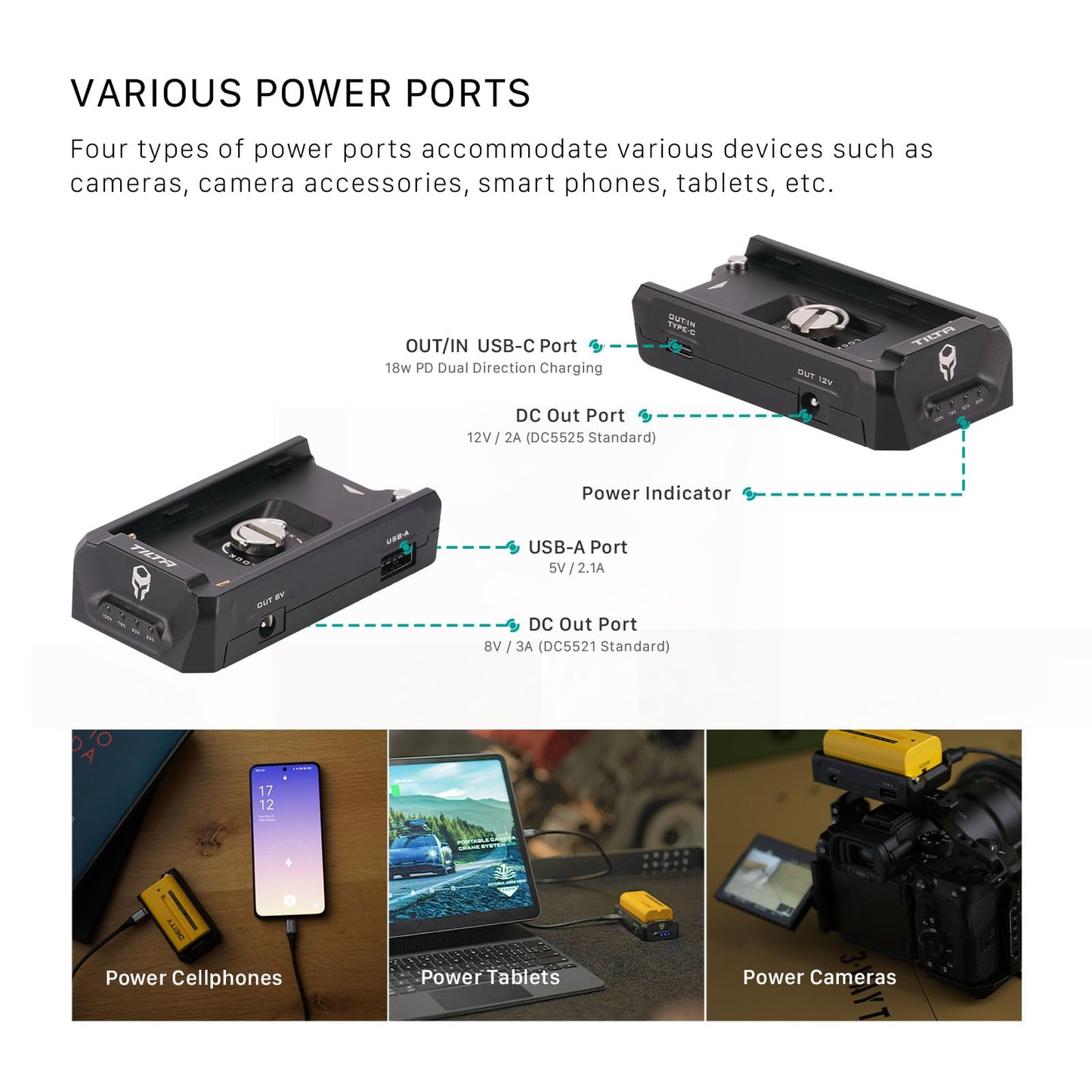 Tilta F970 Battery Plate V2 - Black | Universal | Anti Rotation | Power Accessories | Dual Direction USB-C | Battery Indicator | TA-BTP2-F970-B