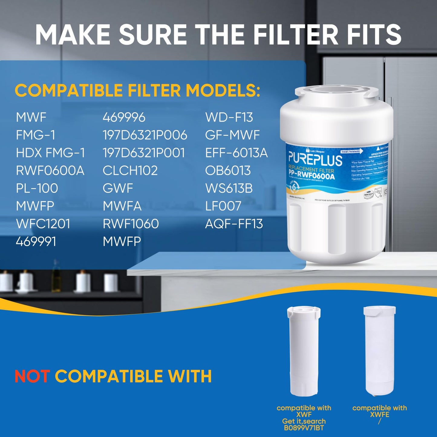 PUREPLUS Replacement for GE® MWF®, SmartWater® MWFP, MWFINT, MWFA, GWF, HDX FMG-1, Kenmore® 9991, WFC1201, GSE25GSHECSS, Water Filter, 3 Pack