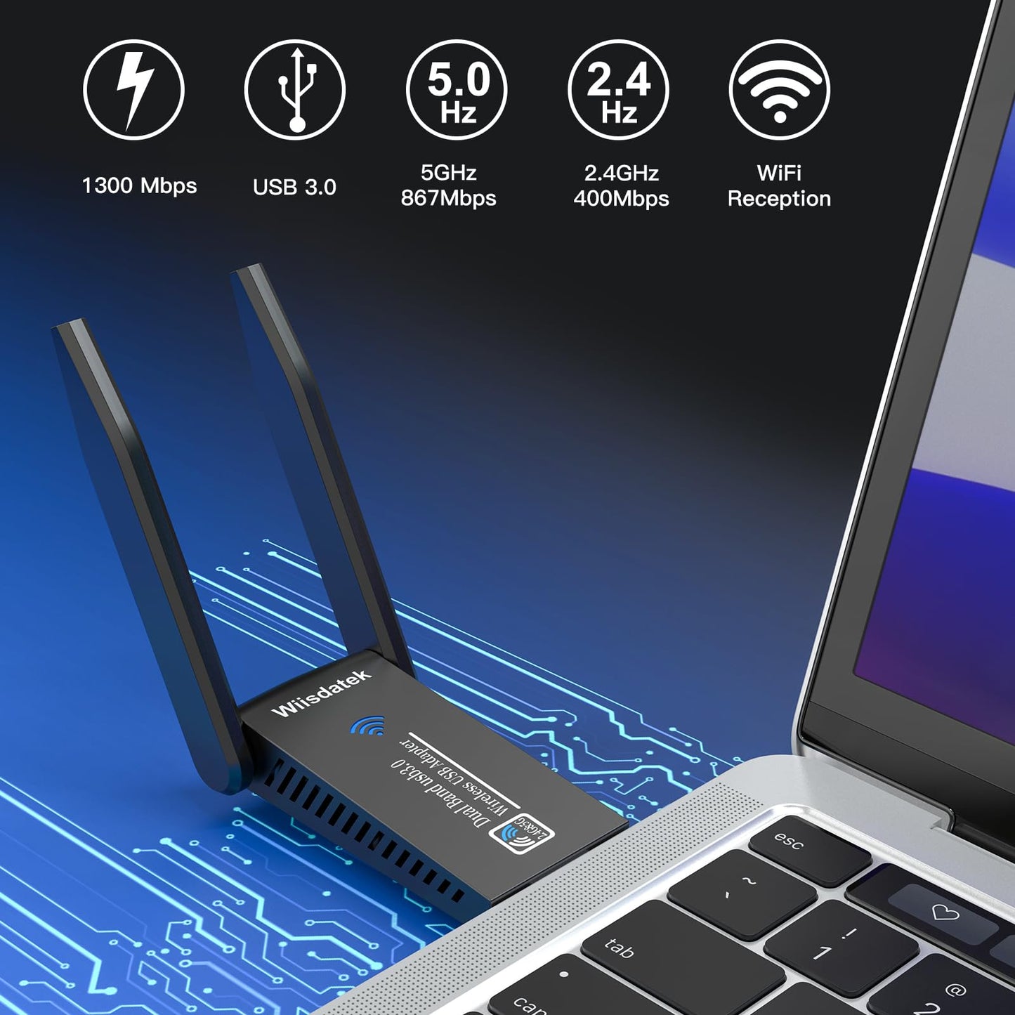 Wiisdatek USB WiFi-Adapter for Desktop PC, AC1300Mbps USB 3.0 WiFi Dual Band 5G/2.4G Wireless Network Adapter, Mini WiFi Dongle for Windows 11/10/8/7