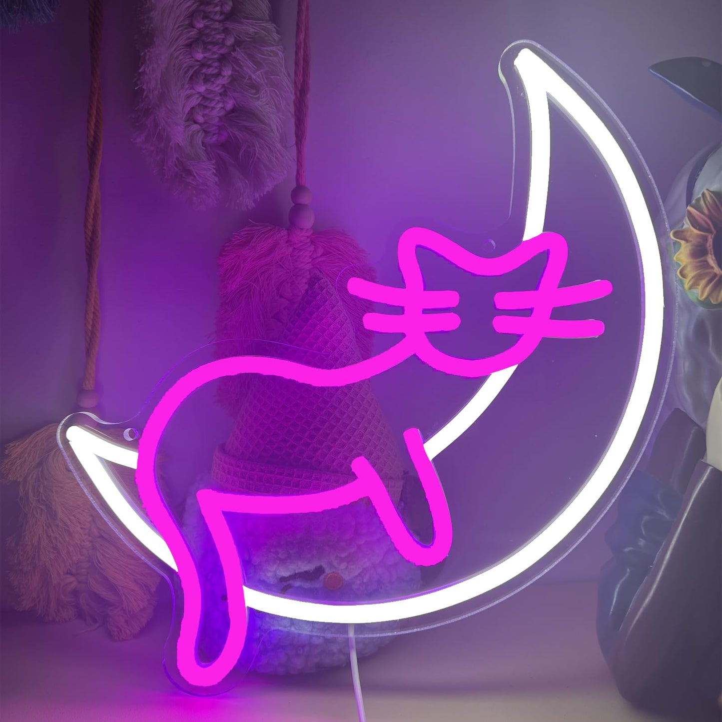 Pink Cat Moon LED Neon Sign Dreamy Night Light for Bedroom Wall Decor USB Powered Flexible Light Strip for Girl's Room, Cafe, Pet Shop, Gift for Cat