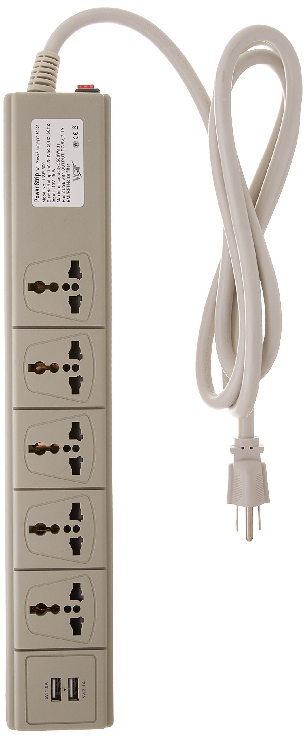 Multi-outlet Universal Power Strip with 2 USB Ports and 5-Outlets 110 Volt to 250 Volt Surge Protector, 3750 Watts 15 Amp, Worldwide Use with USA Plug