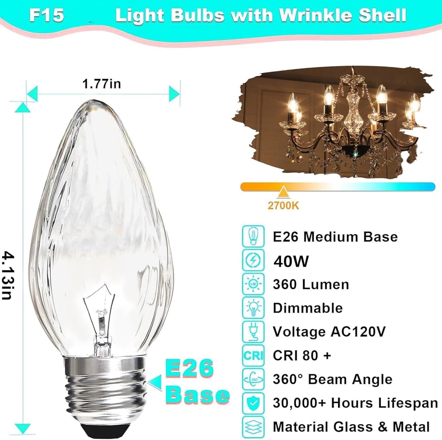 F15 40W Incandescent Light Bulbs, Daylight White 5000K,ge Light Bulbs 40 watt,Dimmable,E26 Medium Base,Vintage Wrinkle Glass Cover
