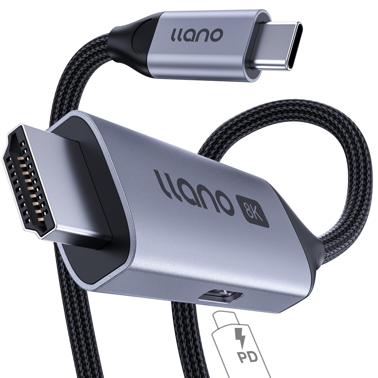 llano USB C to HDMI 2.1 Cable with 100W PD Charging, 8K@60Hz 4K@240Hz 2-in-1 Unidirectional Adapter Thunderbolt 5/4/3 Compatible, for MacBook, iPhone