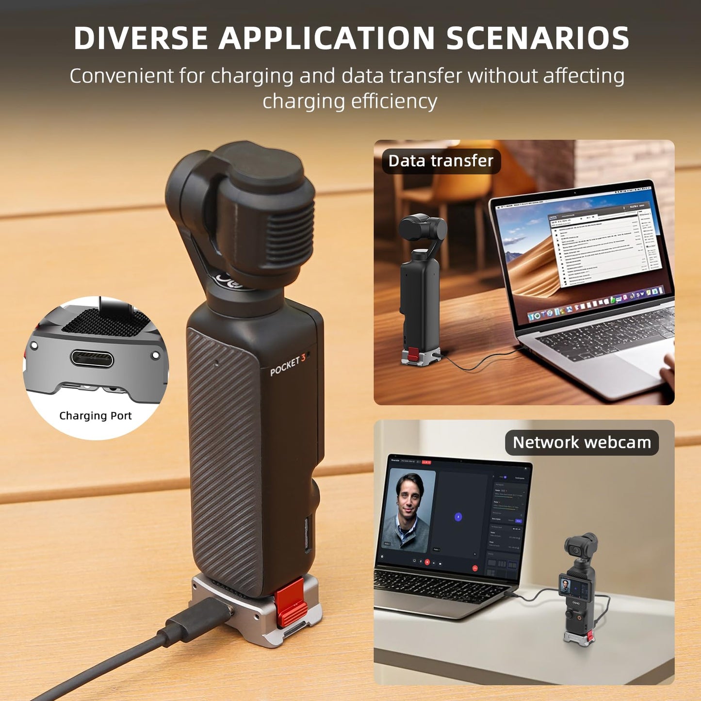 BRDRC Pocket 3 Charging Adapter Base Mount Desktop Type-C Charger with 1/4" Screw/Foldable Go Pro Mount/for DJI Quick Release Adapter/Arca-Swiss
