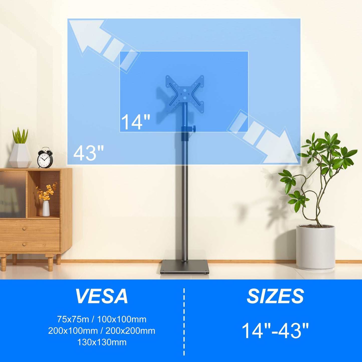 TV Stand with Mount 70” Height Adjustable Floor Monitor Stand 360°Swivel Universal Tiltable Tall TV Floor Stand for 12 to 43 inch Flat Screen Bedroom