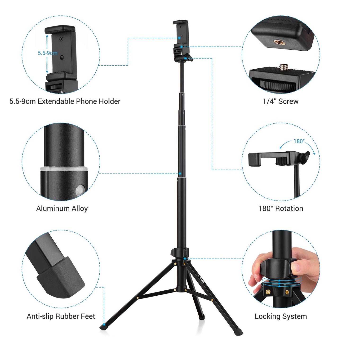 Andoer Selfie Stick Tripod 1.5m/59in Tripod Stand + Extendable Selfie Stick Aluminum Alloy with Phone Holder Remote Shutter Compatible with iPhone