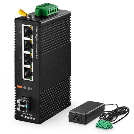 MokerLink 5 Port Industrial DIN-Rail Network Switch, 4 Gigabit Ethernet, 1 SFP, 14Gbps Switching Capacity, IP40 Rated (-40 to 185F), With UL Power