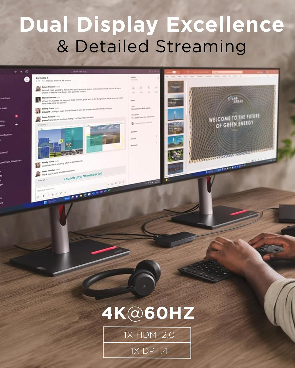 Lenovo USB-C Dual Display Travel Dock - 7 Ports, Integrated Cable, Universal Compatibility, Two displays at 4K - Black